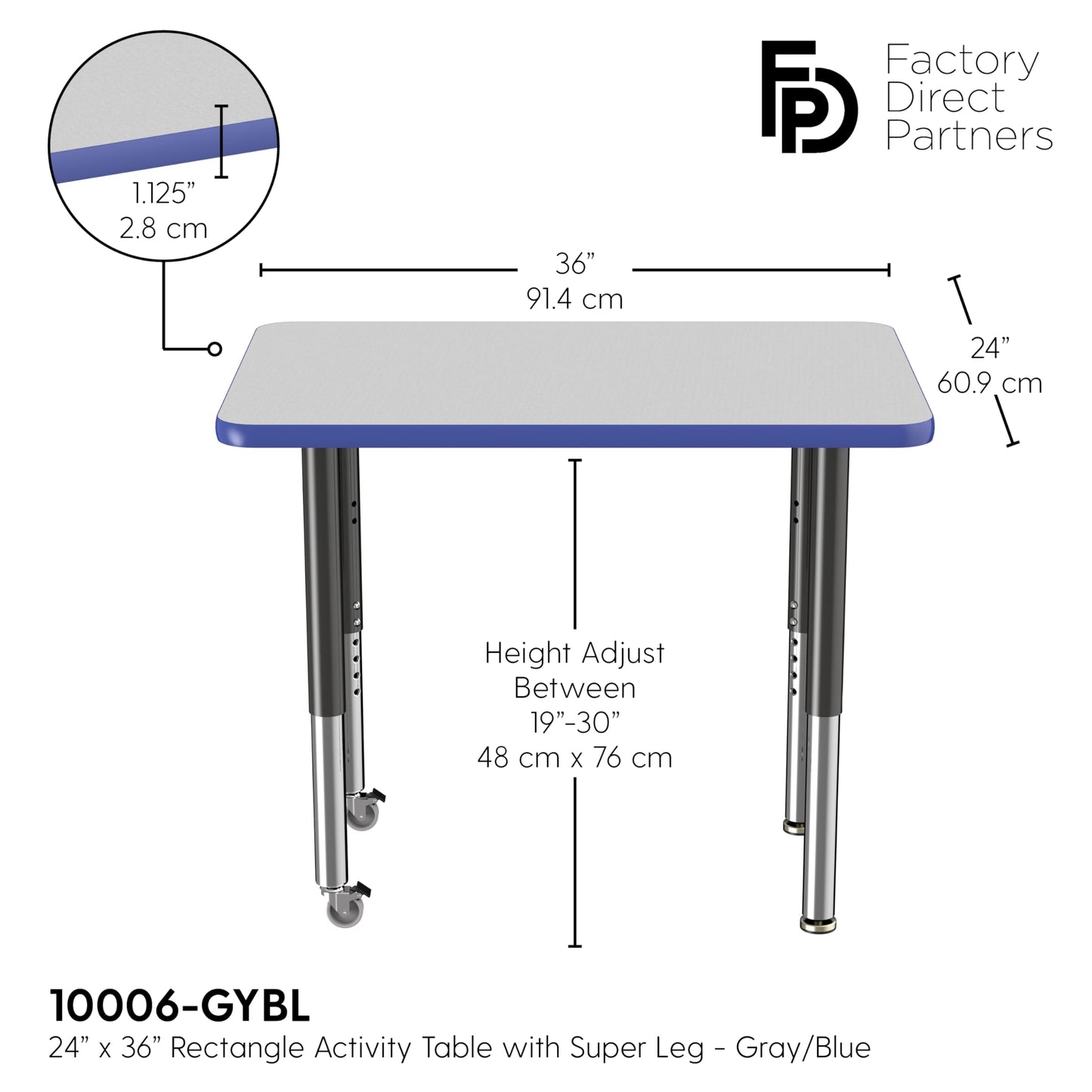Factory Direct Partners FDP Mobile Rectangle Activity School and Office Table (24 x 36 inch), Super Legs with Glides and Casters, Adjustable Height 19-30 inches - Gray Top and Blue Edge