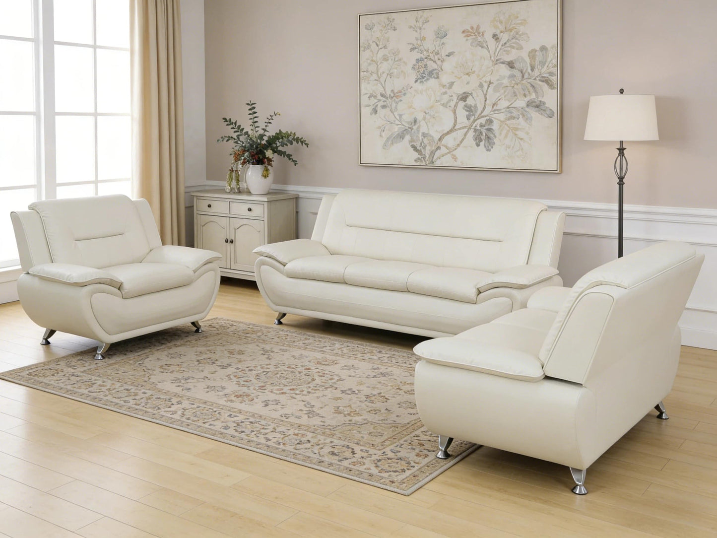 Trygoal 3-Piece Living Room Furniture, Modern White Faux Leather Sofa Set with Sturdy Metal Legs, (3-Seat Sofa + Loveseat + Armchair), Easy Assembly