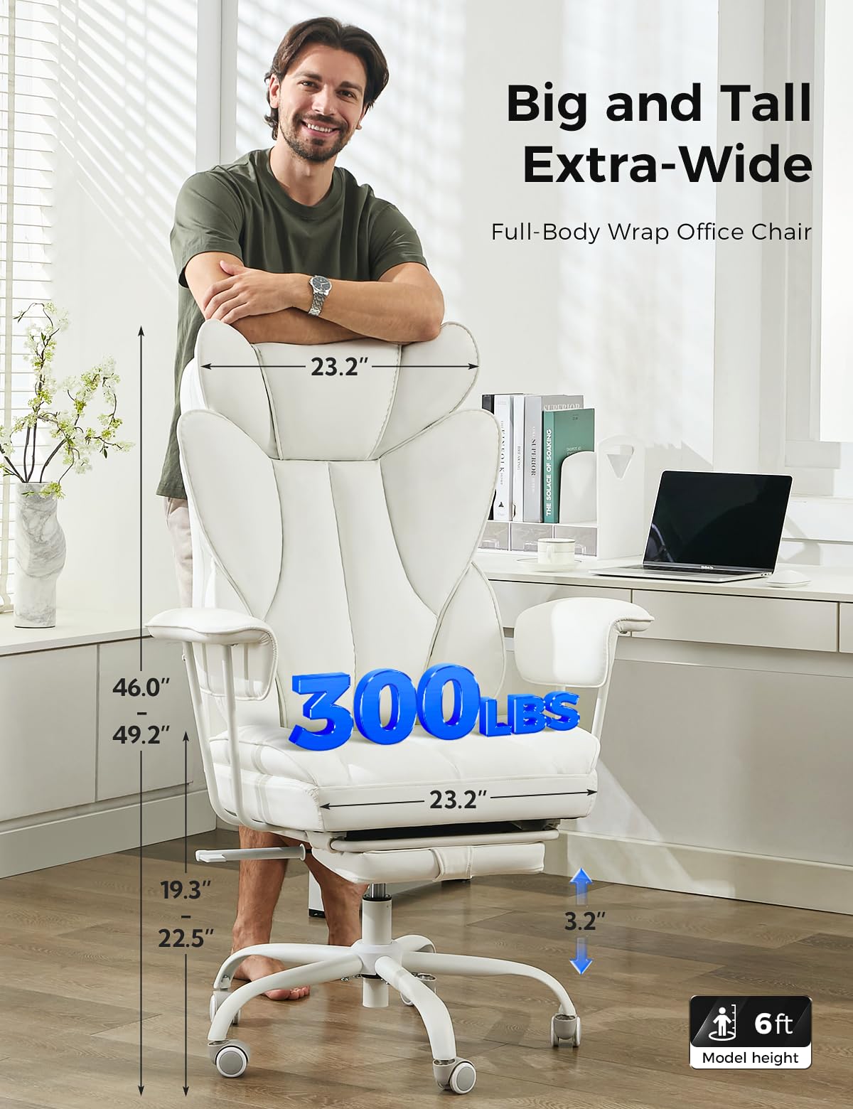LukkDys Big and Tall Office Chair,High Back Leather Gaming Chair with Footrest,Lumbar Support,Outward Fixed Soft Armrests,Wide Ergonomic Desk Chair (White)