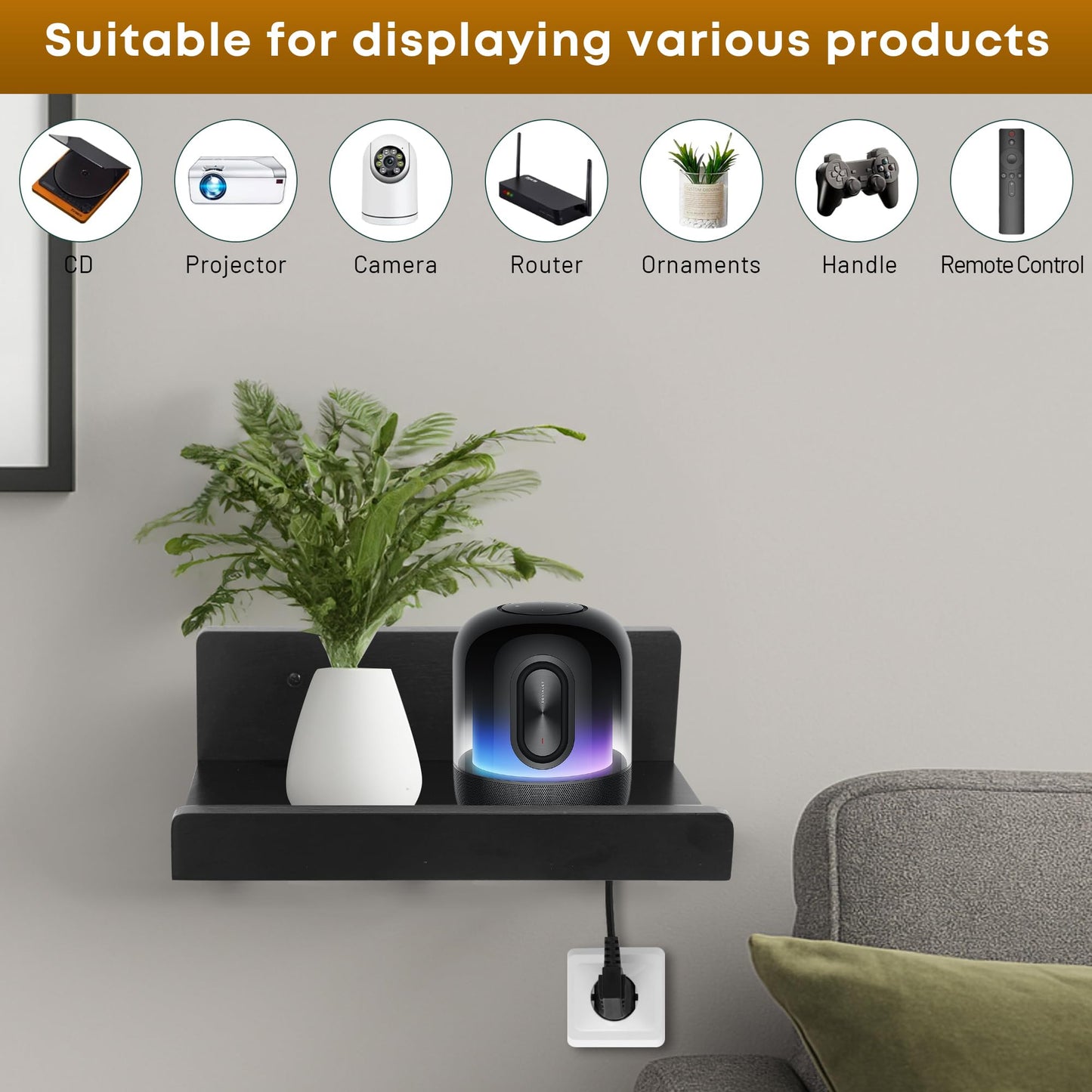 FURAOMEILI Floating Wall Shelves Set of 2, 12-Inch Solid Wood Shelves with Cable Holes, Small Display Shelf for Router, Webcam, Smart Speaker, Camera – Black
