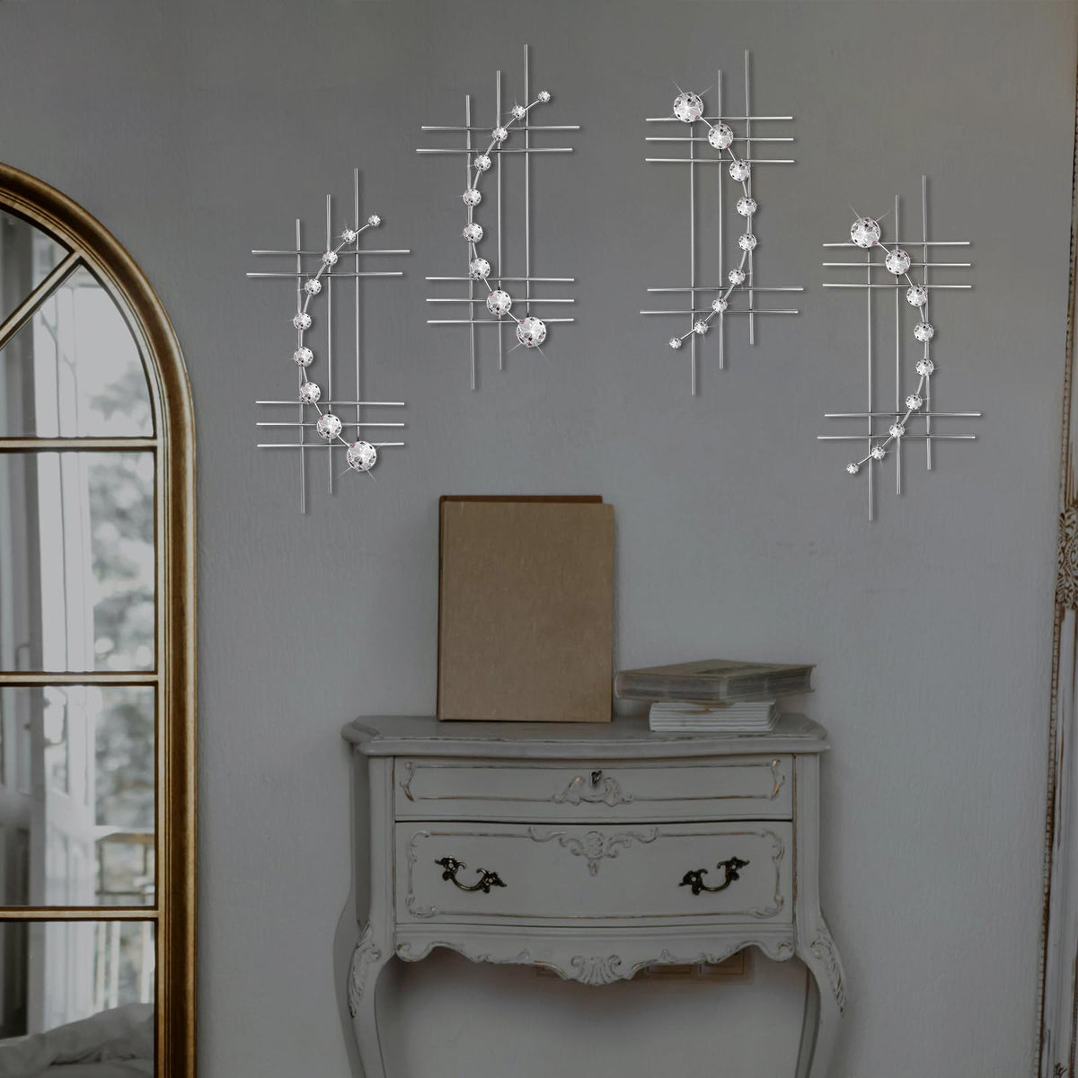 ZEXUIRU 4 Pcs Abstract Metal Wall Art for Home Decor Living Room Bedroom Bathroom Office Metal Bling Modern Geometric Hanging Vertical Small Iron Sculpture Plaque Pack -Silver 16.5in