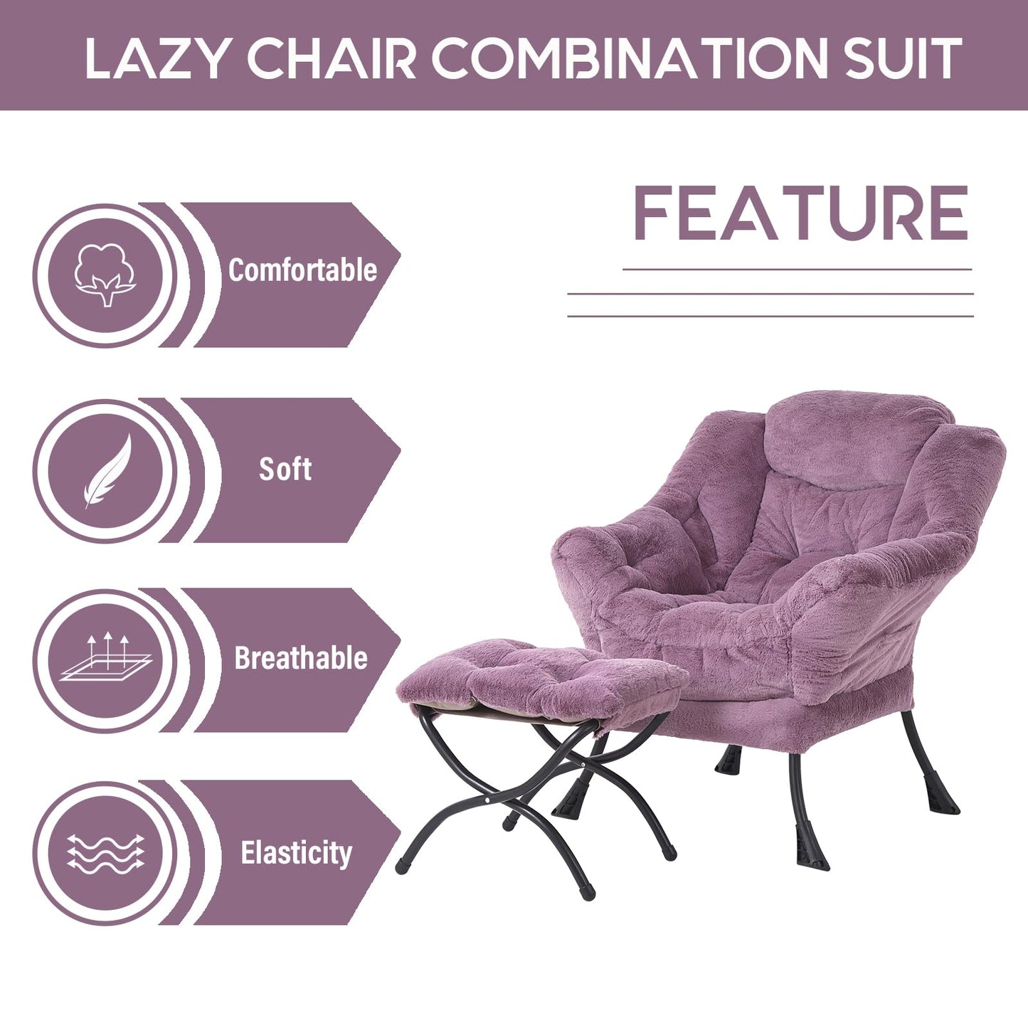 LITA Lazy Chair with Ottoman, Modern Accent Leisure Upholstered Sofa Chair, Lounge Reading Chair with Armrests and a Side Pocket for Living Room, Bedroom & Small Space