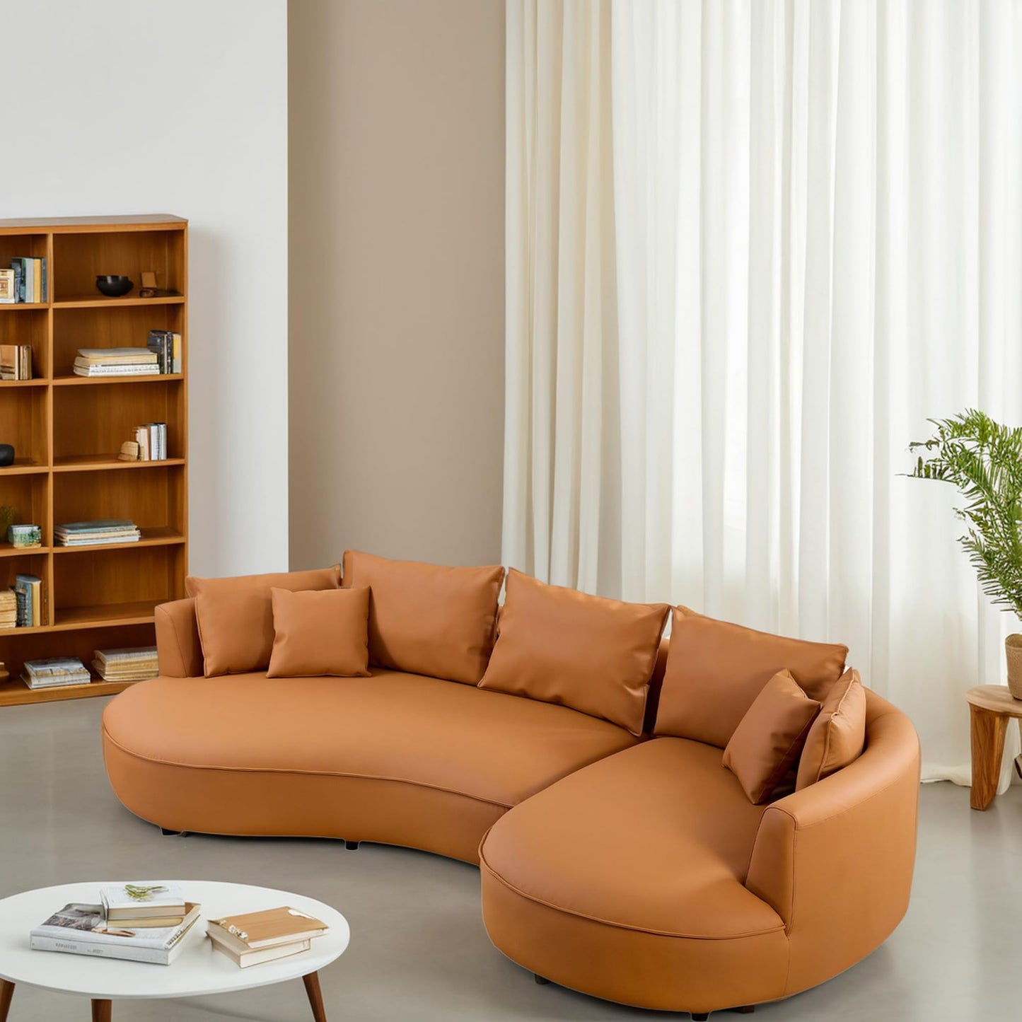 BBTJOINT Modern Curved Sofa for Living Room – Customizable Modular L-Shape Sectional with Semicircular Chaise, Faux Leather Upholstery, Minimalist Deep Seat, Orange
