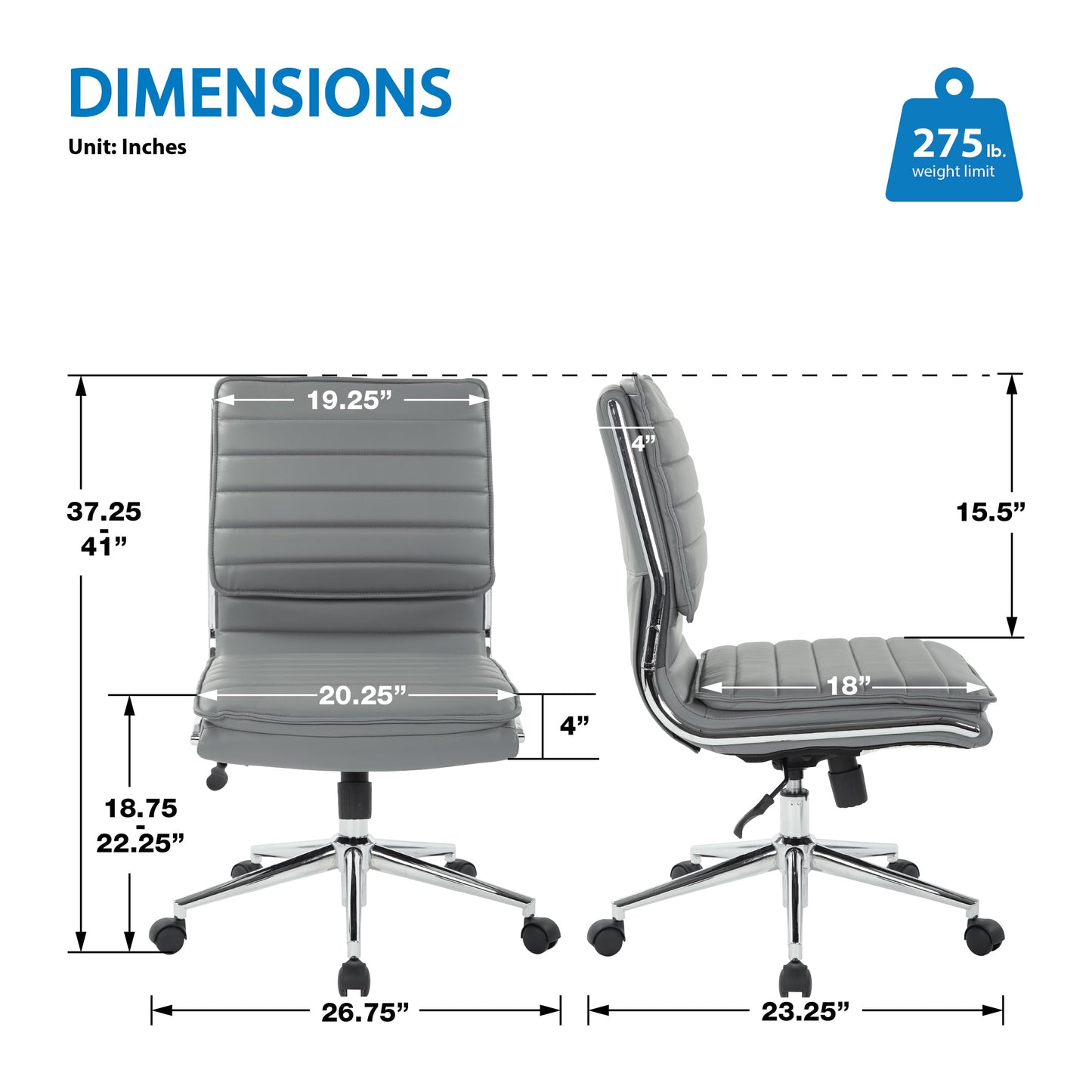 Office Star SPX Professional Ergonomic Ribbed Faux Leather Office Chair with Chrome Base, Mid Back Manager's Chair Without Arms, Charcoal