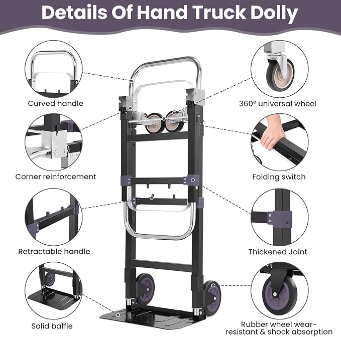 3-in-1 Folding Hand Trucks, 600Lbs Convertible Hand Truck Dolly, Heavy Duty