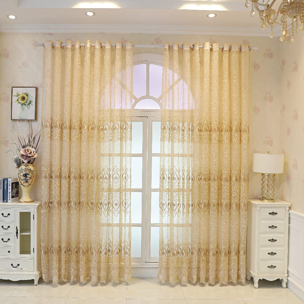 Amidoudou 1 Pair European Jacquard Sheer Curtains Embroidered Tulle Curtains Living Room Bedroom Luxury Translucent Window screening (Gold,63x96 Inch)