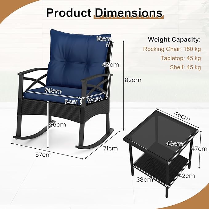Tangkula 3 Pieces Outdoor Rocking Chairs Set, Rattan Heavy Duty Cushioned