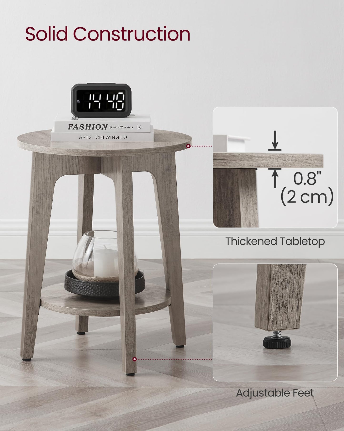 VASAGLE MAEZO Collection - Side Table, 2-Tier Small Round End Table, Nightstand with Tapered Legs, Curved Transitions, for Small Spaces, Living Room, Bedroom, Heather Greige ULET283T02