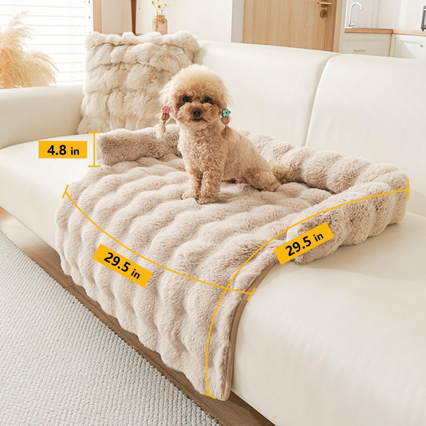 Calming Dog Bed for Couch, 29.5 x 29.5 inch, Non-Slip Rabbit-Velvet Dog Sofa Mat for Furniture Protector, Perfect for Small, Medium Dogs and Cats (Khaki, Medium)