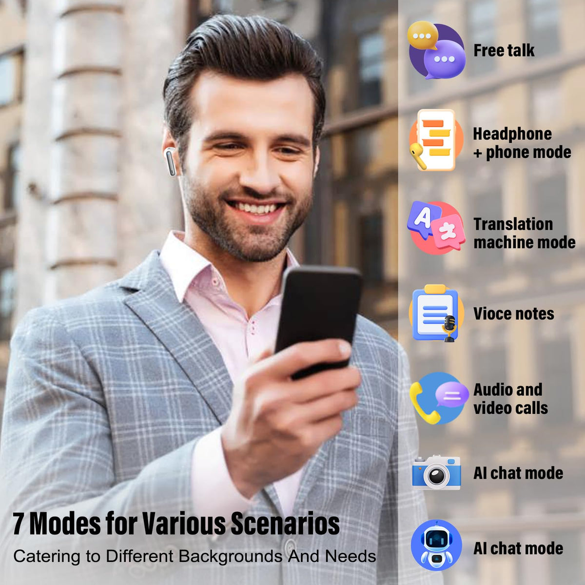 Csasan Ai Translation Earbuds Real Time, Translator Earbuds with 6 Translation Modes/164 Languages,No Subscription Required Translatior Headphones,48H Audifonos Traductores Inglés Español, Iron Gray