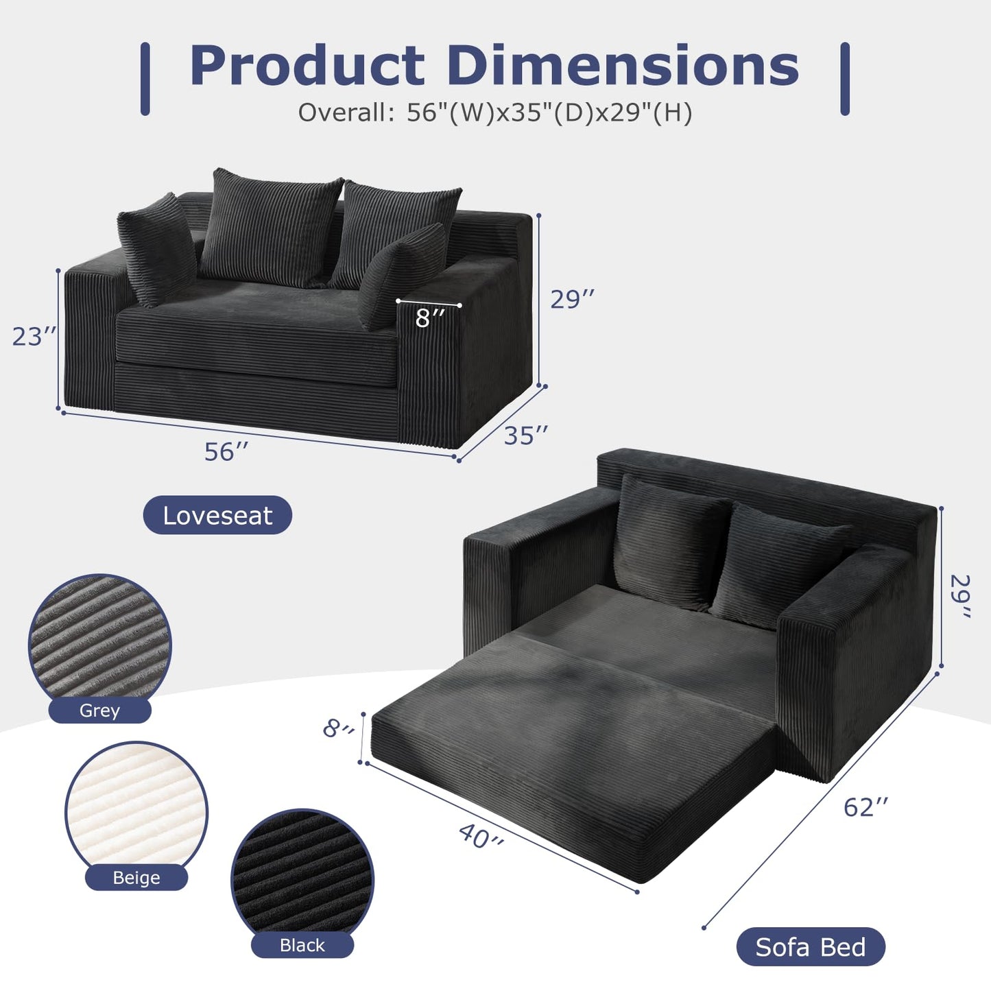 feliz home Convertible Sofa Bed, Boneless Couch Loveseat, 2 in 1 Folding Couch Bed, Fold Out Comfy Floor Futon Sofa with Pillows for Living Room Bedroom, Black