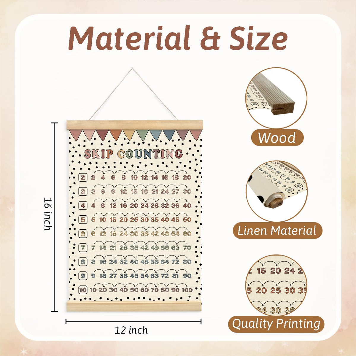 Lacama Boho Skip Counting Chart Educational Math Wooden Poster Hanger,Multiplication Chart Homeschool Organization Math Posters,Times Table Charts For Homeschool Grade School Classroom Posters Wood Hanger
