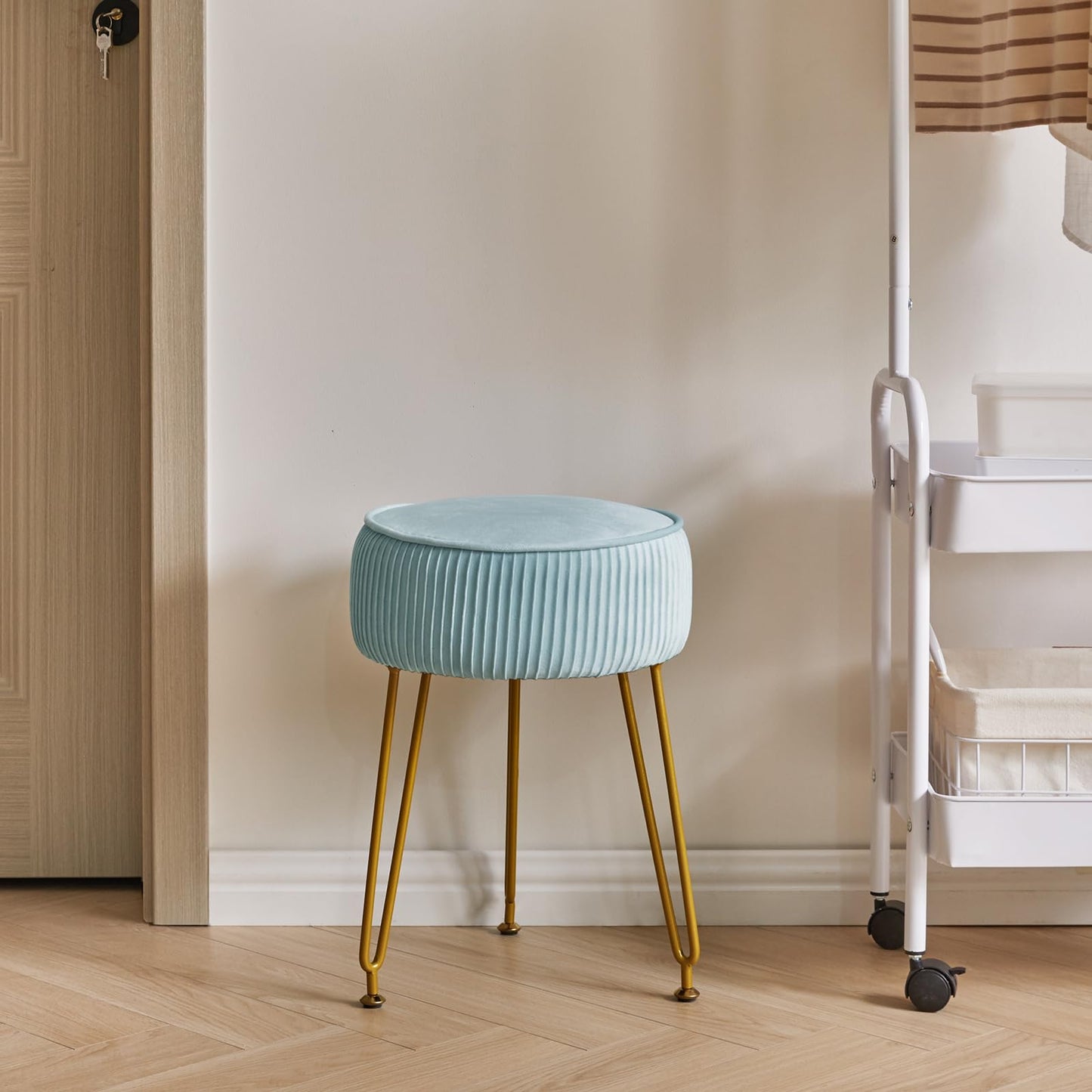 IBUYKE Velvet Round Footrest Stool Ottoman, Makeup Vanity Stool Side Table, Velvet Dressing Table Seat, Pouf Couch Stool, Golden Steel Legs, Blue LG-30H