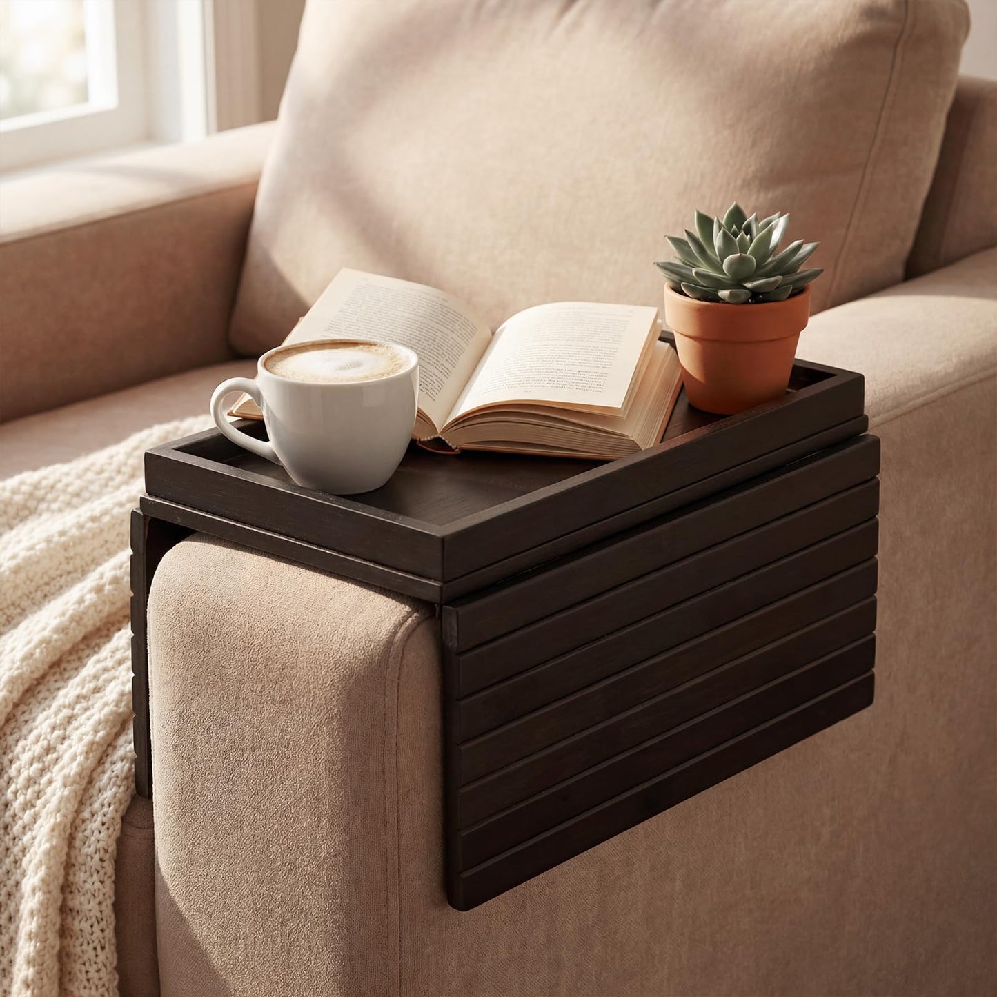 B-Zefyrn Sofa Arm Tray, Foldable Bamboo Couch Armrest Table with Large 12.5" x 5.8" Storage Compartment, Portable Chair Couch Caddy Arm Tray for Cup TV Snacks Phone