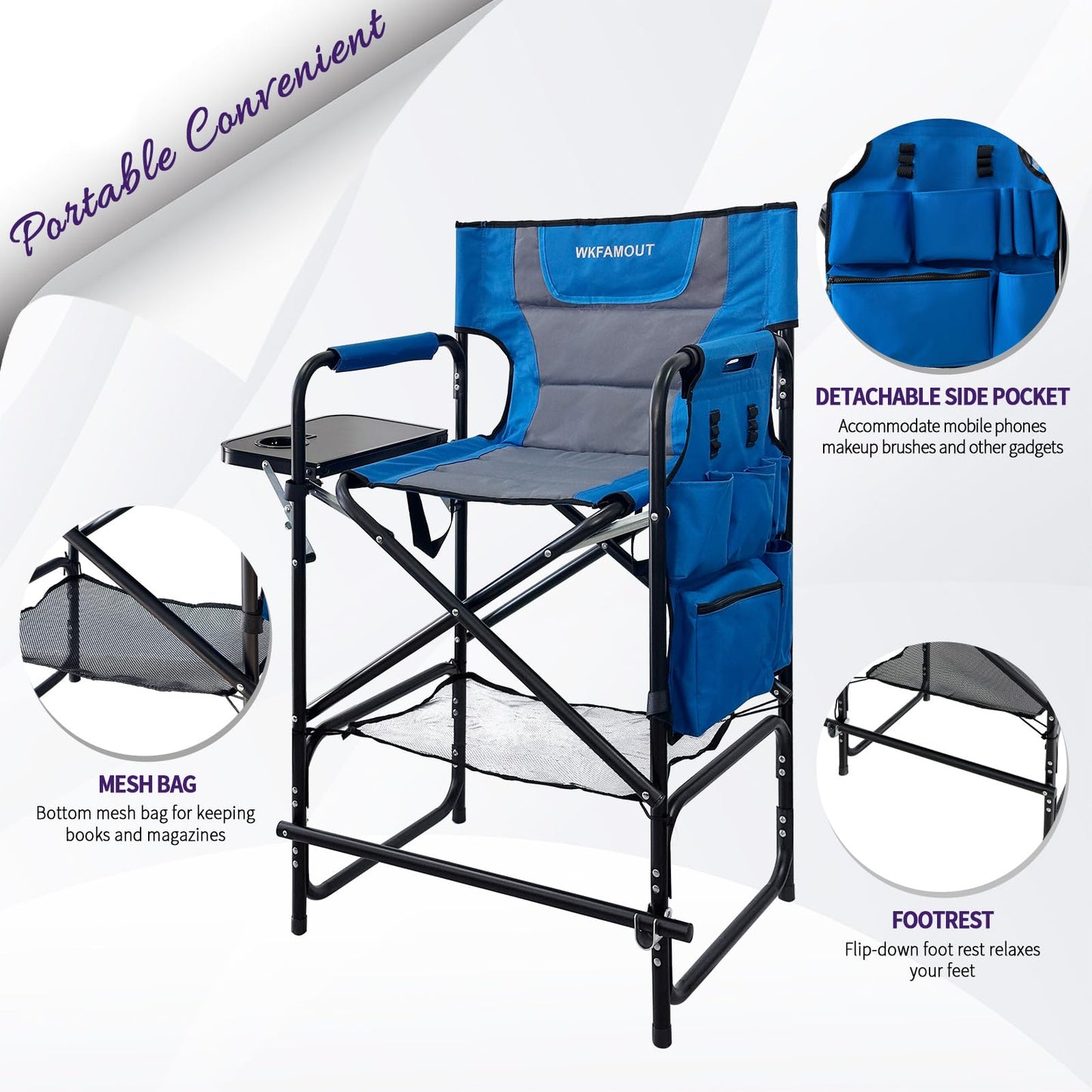 WKFAMOUT Tall Folding Directors Chair with Side Table 30.71" Seat Height Foldable Camping Chair Bar Stool for Makeup Artist Face Painting with Footrest and Storage Pocket Supports 350LBS