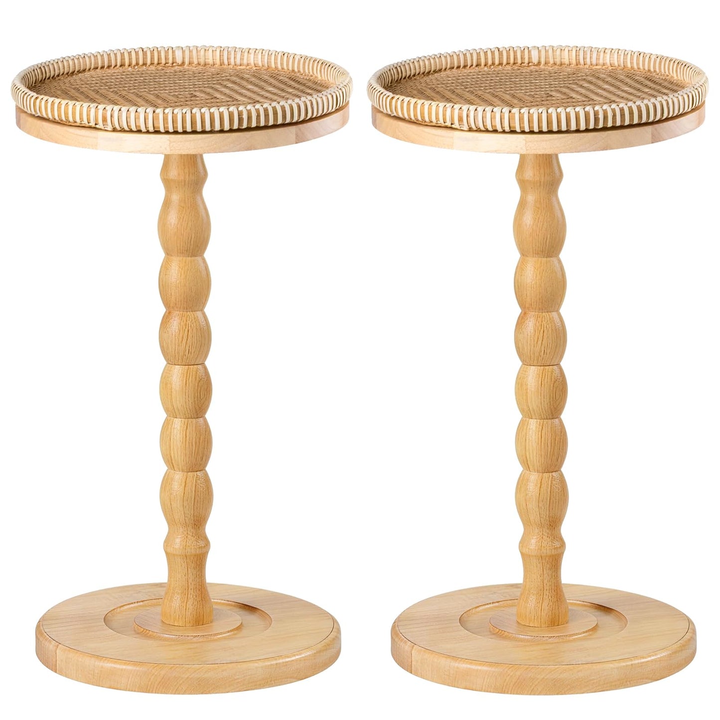 2 Pack Rattan Round Side Table, Rubberwood‌ Small Drink Table for Small Spaces, Solid Wood Pedestal Coffee Tables, End Tables for Living Room, Sofa Couch, Bedroom, Corners, and Outdoor (Natural)