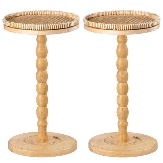 2 Pack Rattan Round Side Table, Rubberwood‌ Small Drink Table for Small Spaces, Solid Wood Pedestal Coffee Tables, End Tables for Living Room, Sofa Couch, Bedroom, Corners, and Outdoor (Natural)