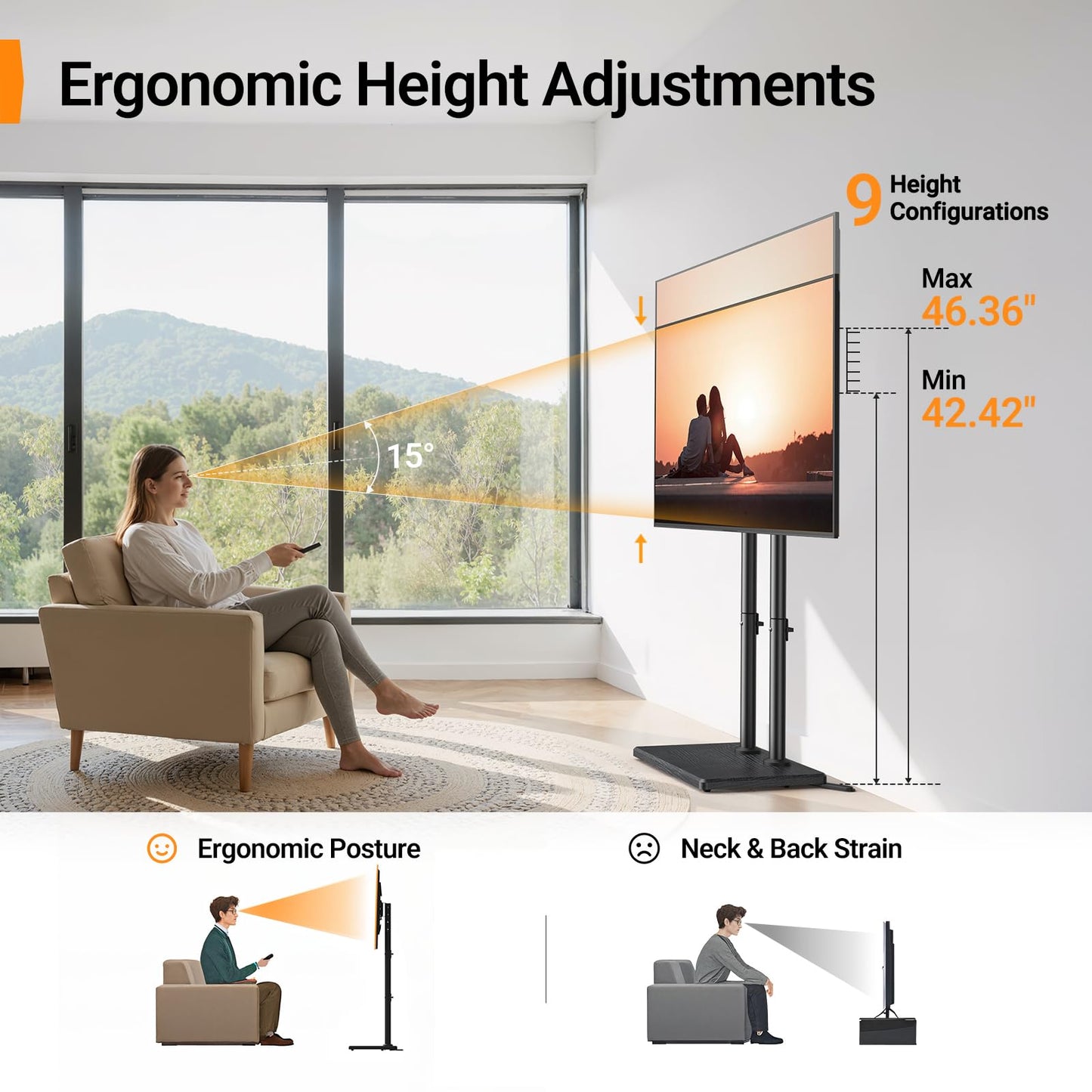 Perlegear Universal Floor TV Stand for 32–70" TVs up to 110 lbs, Height-Adjustable Tall TV Stand with Solid Wood Base & Extra-Stable Anti-Tip Feet, Swivel TV Mount for Bedroom, VESA 400x400, PGFLS34B