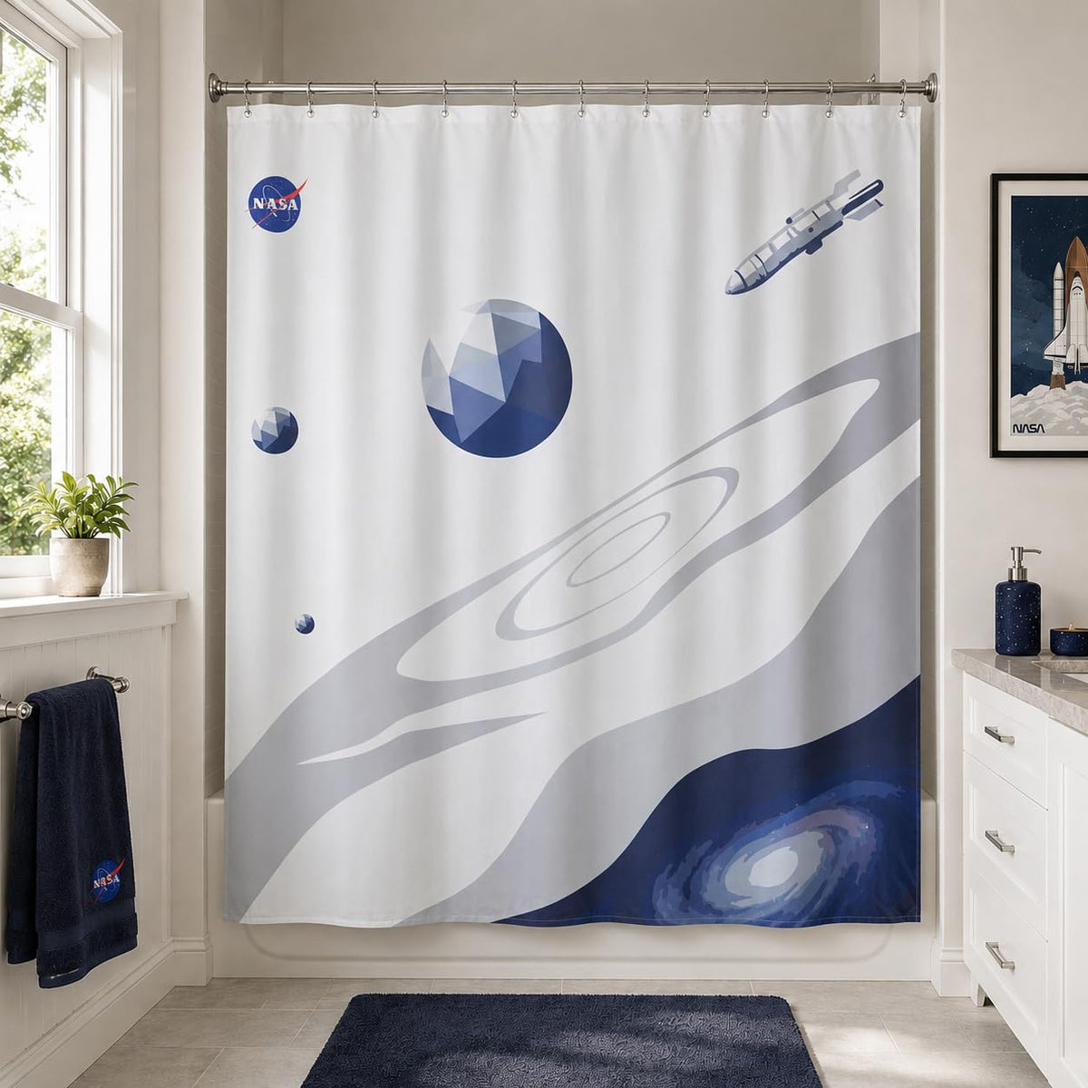 DRIFTED ROOT NASA Licensed Shower Curtain Set, Minimalist Planet Orbit Galaxy Design, Space Poster Art, Oxford Cloth, Bathroom Hotel Decor (Celestial Tides-White/Blue, 72" W x 72" L (Pack of 1))