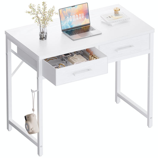 Pamray 32 Inch Small Computer Desk with 2 Drawers for Bedroom Study Writing Home Office Table for Small Spaces White