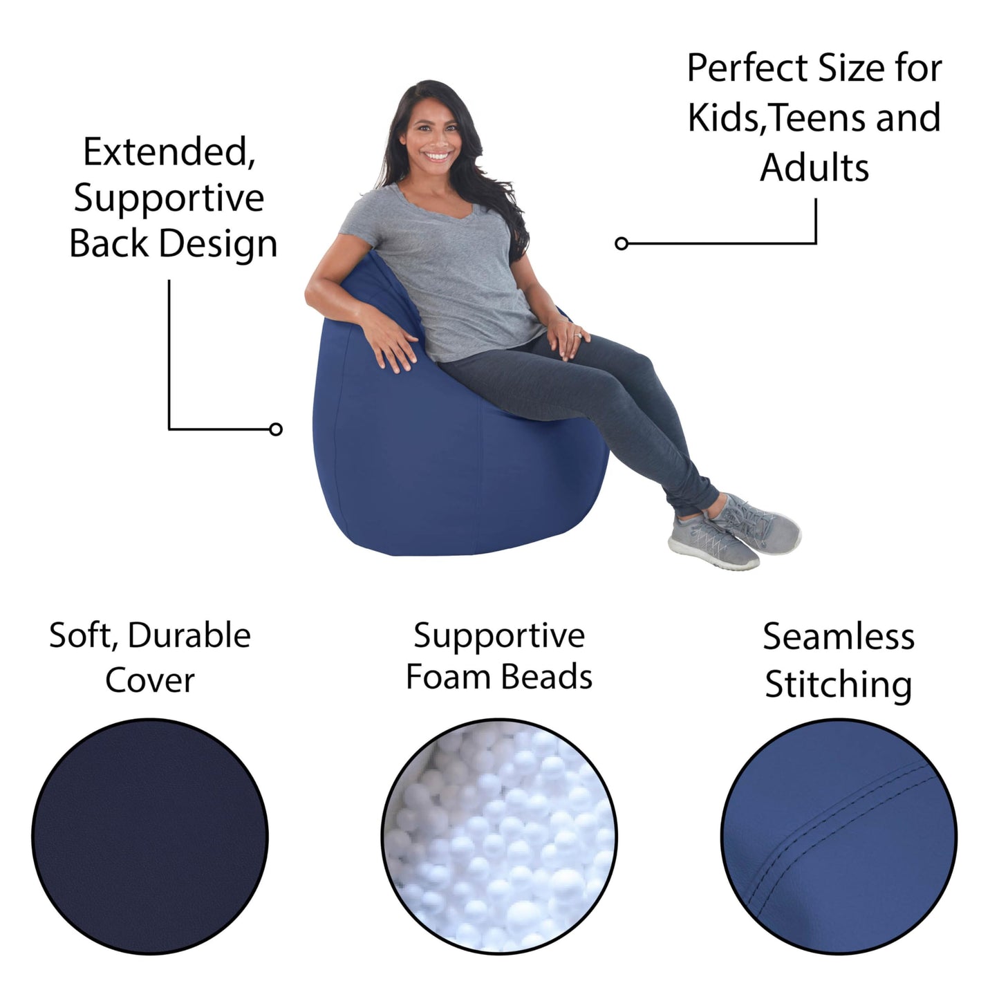 FDP SoftScape Dew Drop Bean Bag Chair with Supportive High-Back Design, For Kids, Teens and Adults, Alternative Seating for Dorms, Schools, Libraries, Daycares or Home- Navy