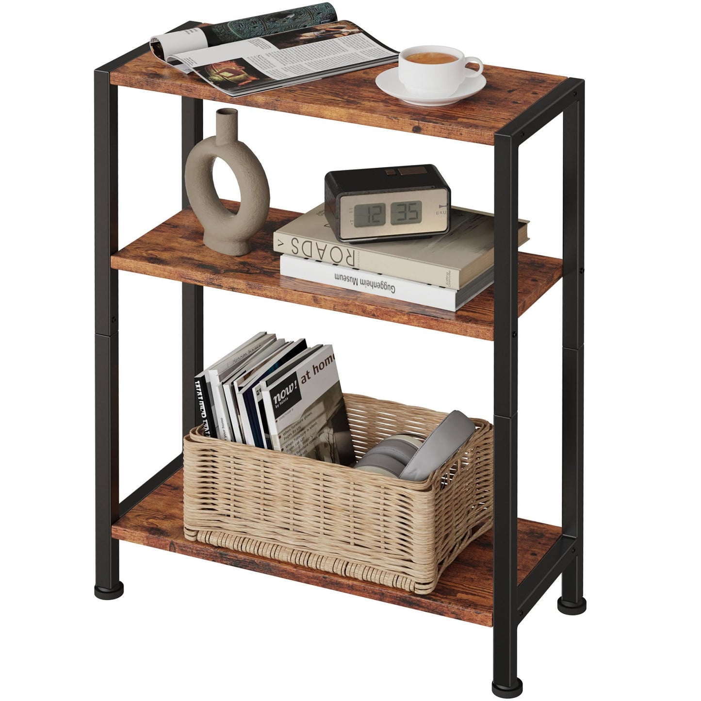 Vantimo 3-Tier Side Table, Small End Table, Sofa Side Table for Narrow Spaces, Slim End Table, Nightstand Table, for Living Room Bedroom Office, Rustic Brown