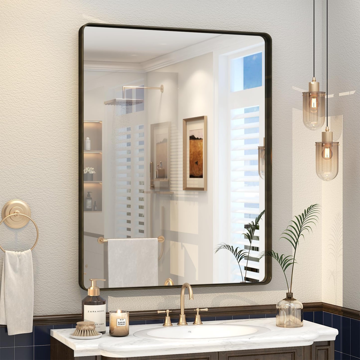 VANLIO 28x36 Inch Bronze Framed Bathroom Mirror, Brushed Bronze Metal Vanity Mirror, Rounded Bronze Rectangle Mirror, Tempered Glass, Anti-Rust, Shatterproof (Horizontal/Vertical)
