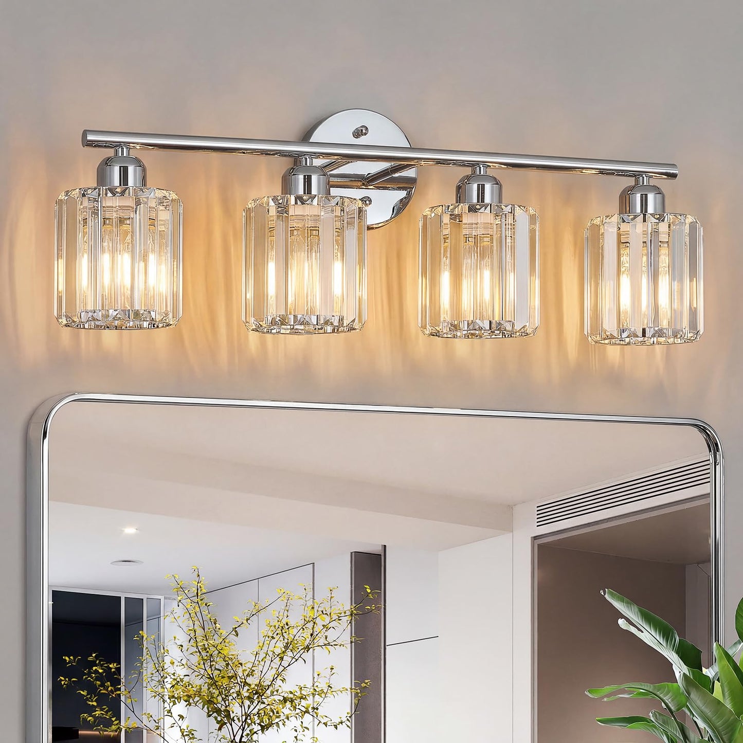 FDPBY Modern 4 Light Crystal Vanity Light, Chrome Vertical Bathroom Light Fixture Over Mirror for Dressing Table Sink, Compatible with Dimmable Bulbs (Bulbs Not Included)