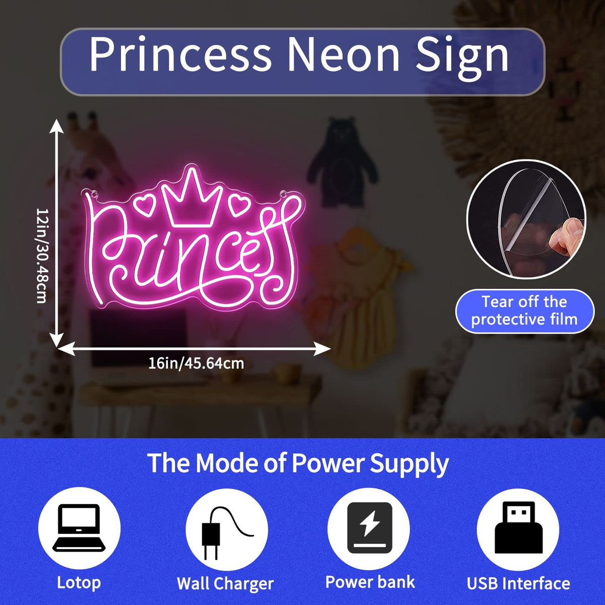 Princess Neon Signs for Wall Decor, Large LED Lights Sign Unique Art Ornaments with Switch, Chirstmas Birthday Party Decoration, Gift for Girl Boys.
