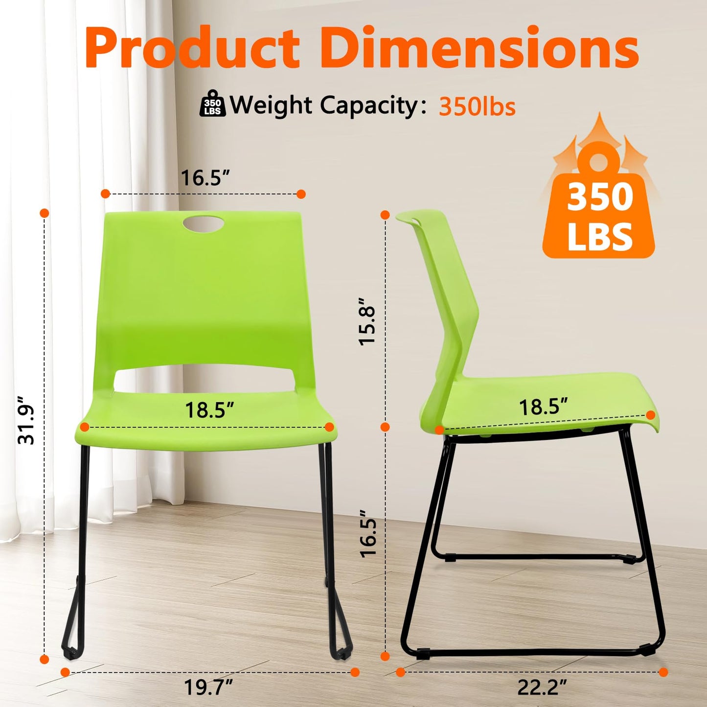 KLASIKA Stackable Guest Reception Chairs, Stacking Office Chair with Ergonomic Lumbar Support & Metal Legs, Plastic Desk Chairs for Conference School Church Waiting Meeting Break Room Set of 12, Green
