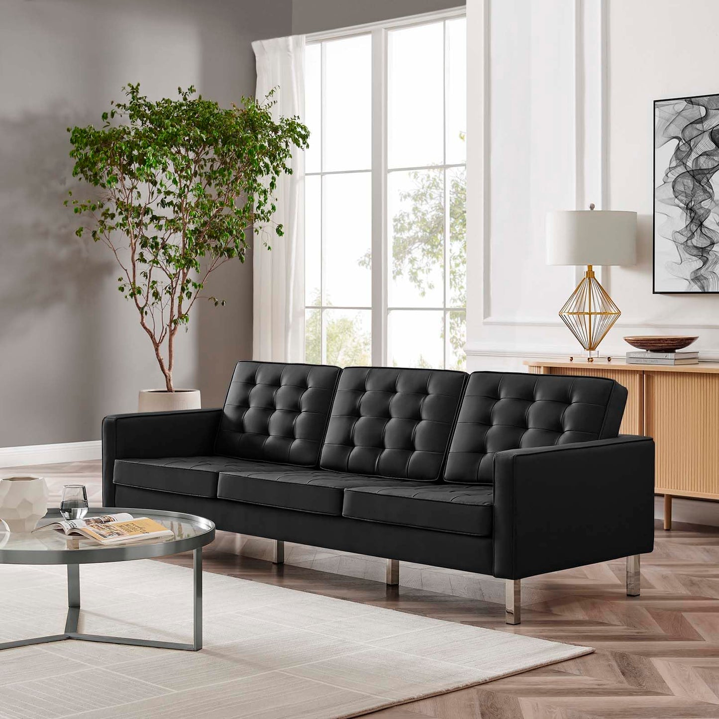 Modway EEI-3385-SLV-BLK Loft Tufted Button Faux Leather Upholstered Sofa in Silver Black