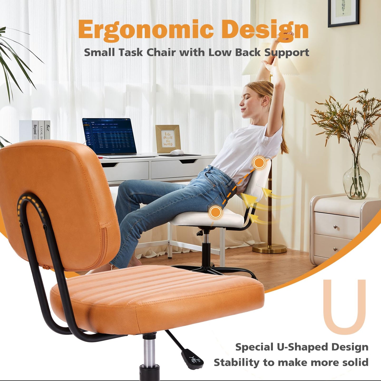 Sweetcrispy Small Office Desk Chair - Armless PU Leather with Comfy Lumbar Support, Height Adjustable Rolling Swivel Task for No Arms, for Adult, Student, Bedroom, Home, Vanity, Brown