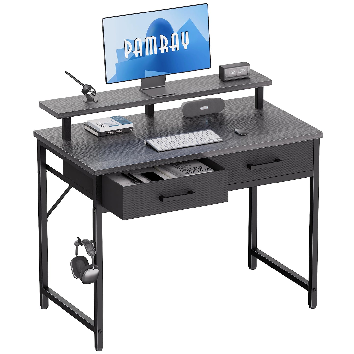 Pamray 32 Inch Small Computer Desk with Monitor Stand Home Office Desks with 2 Drawers for Bedroom Study Writing and Work Table for Small Spaces Grey
