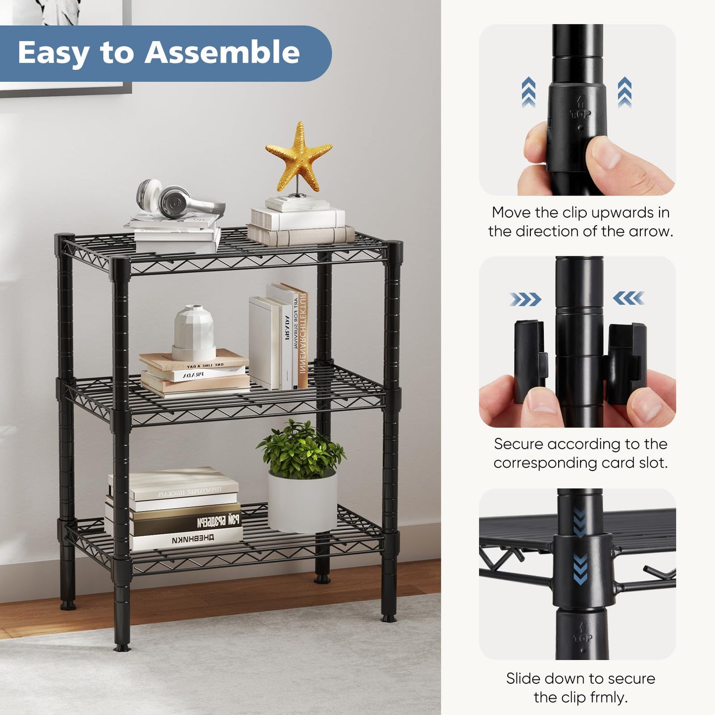 DUMOS 3-Tier Steel Wire Shelf Metal Storage Rack Adjustable Shelving Unit Heavy Duty Utility Display Stands Organizer for Home Kitchen Laundry Bathroom Pantry Garage, Black