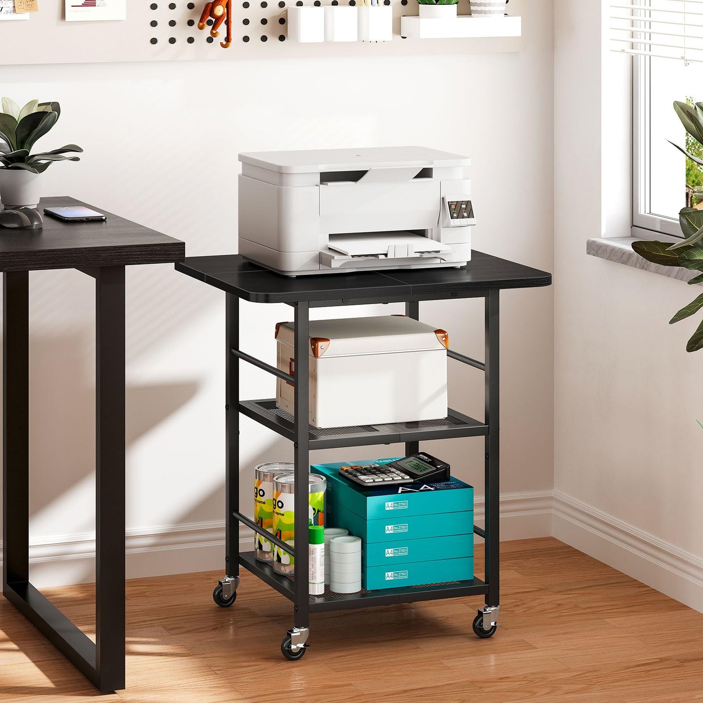 Snughome 3-Tier Printer Stand, 19.7" D×23.6" W×26.5" H Extra Large Printer Table with Storage Shelves, Rolling Cart with Lockable Wheels for Home Office, Black