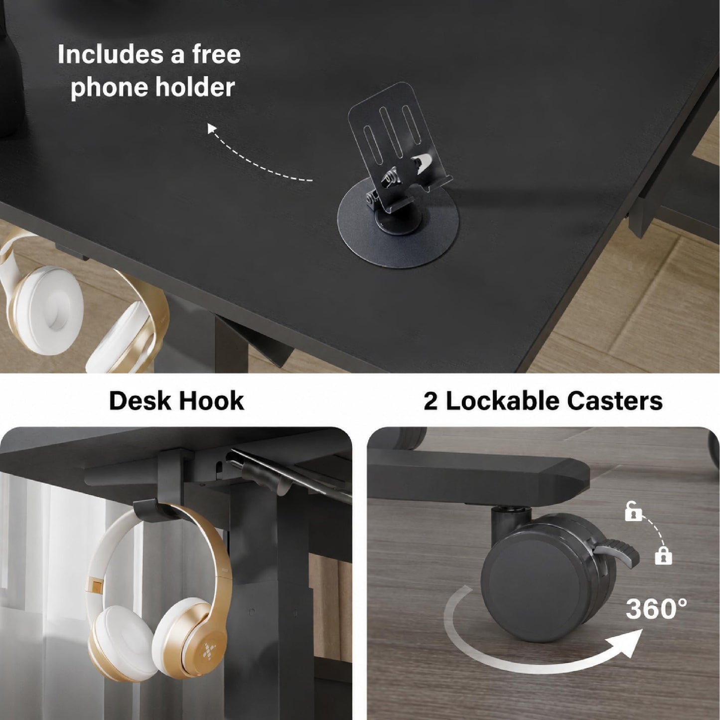 DAWNYIELD Standing Desk for Walking Pad with Wheels, Pneumatic Cordless Height Adjustable Rolling Desk, Mobile Computer Workstation with Drawer Hook Locking Casters for Treadmill & Home Office, Black