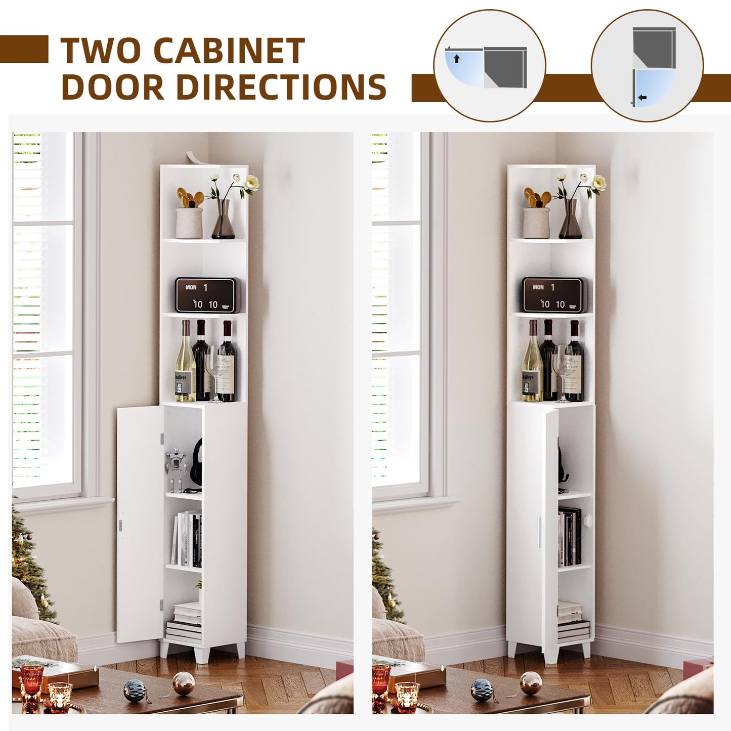 MOHOPE Corner Shelf with Cabinet, 74.8" Tall Corner Cabinet with Door, 5-Tier Narrow Bookshelf with Adjustable Shelves, Display Cabinets for Living Room, Bathroom, Dining Room, Small Space, White