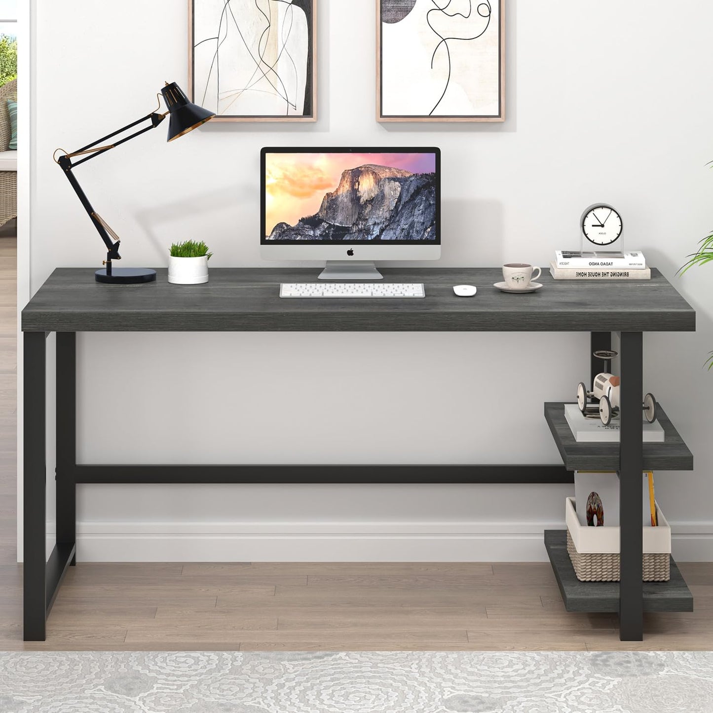 EXCEFUR Industrial Computer Desk, Home Office Desk with Storage Shelves, Wood Study Writing Table for Bedroom, Living Room, Grey, 53 Inch