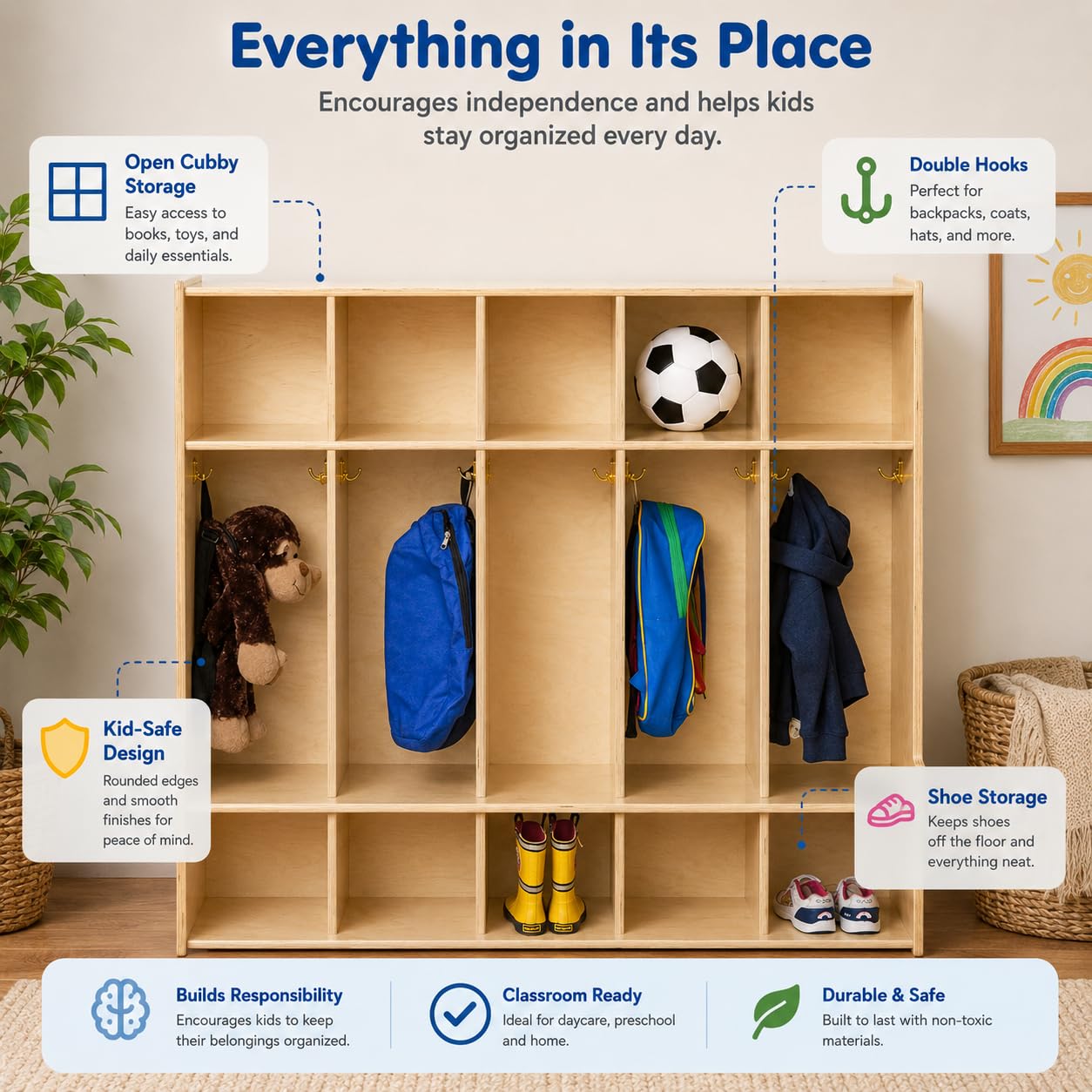 Contender 5-Section Coat Locker with Bench & Cubby Storage for Kids, Backpack Organizer with Cubbies Storage for Daycare, Preschool, Kindergarten [Natural]