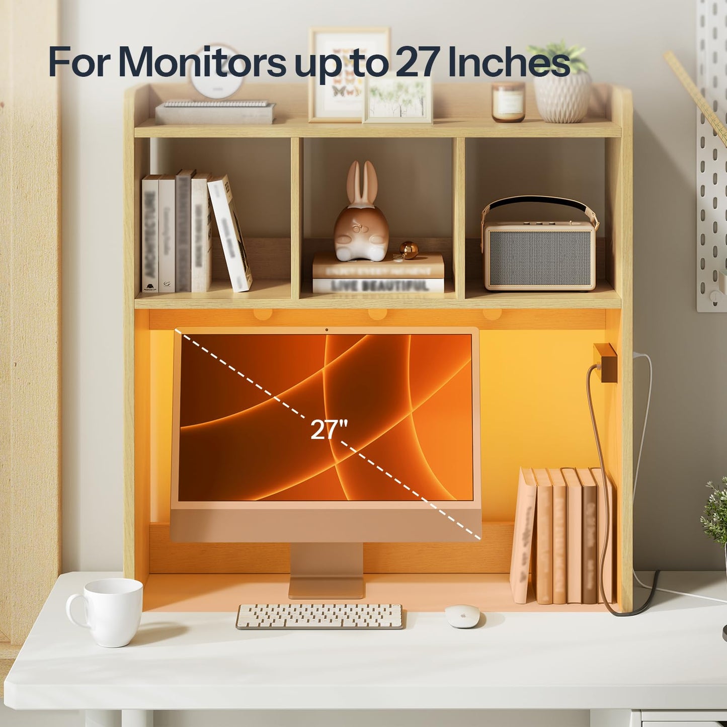 HOOBRO Desktop Bookshelf, Office Desktop Shelf, Desk Hutch with Outlets, Wooden Office Desktop Bookcase, Desktop Organizer Shelf with LED Light Strip and 3 Hooks, for Home, Study, Natural NL12UDSJ01
