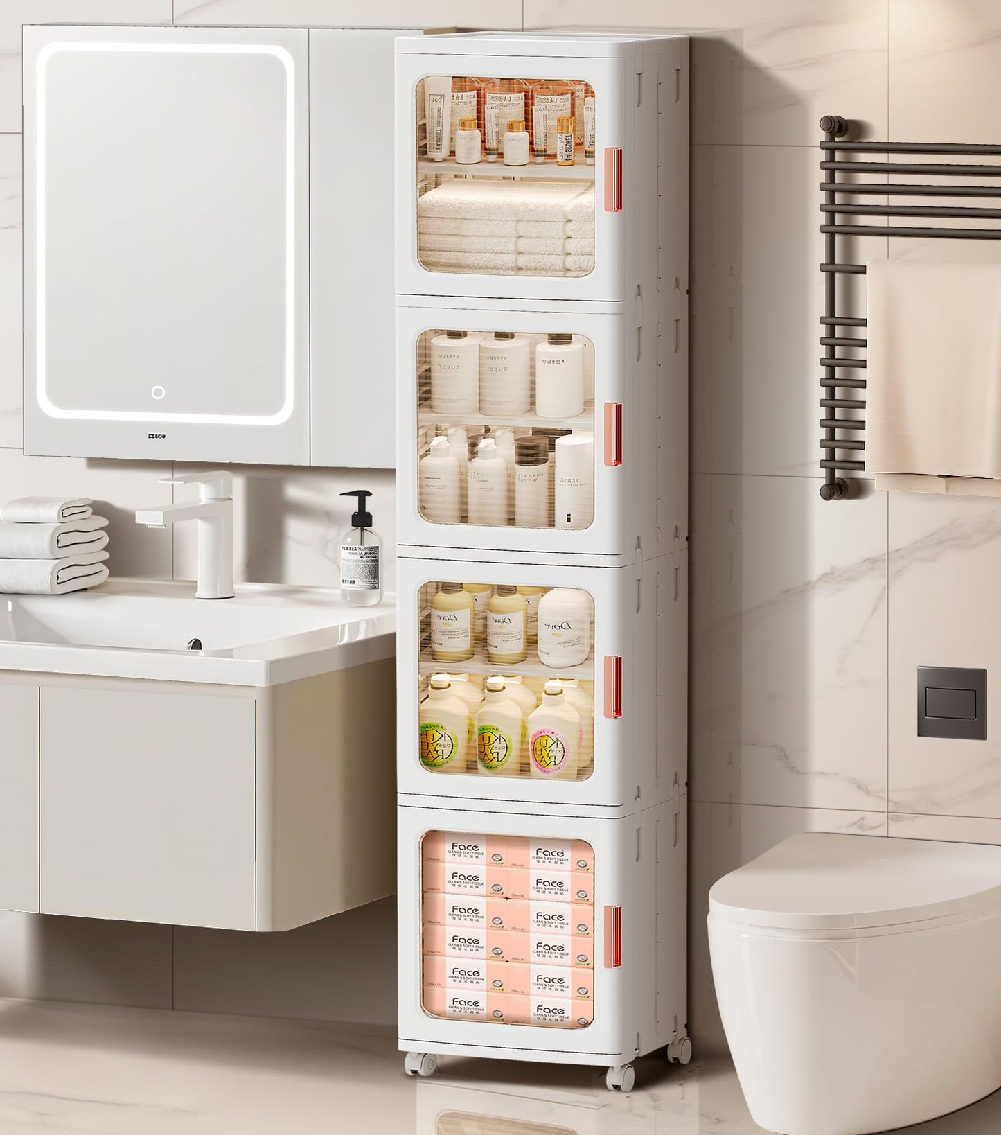 BUMODEL 4-Tier Tall Narrow Bathroom Storage Cabinet with Doors and Adjustable Shelves Slim Foldable Cabinets with Wheels Small Spaces Plastic Organizers for Kitchen Laundry Room Bedroom Pantry,White