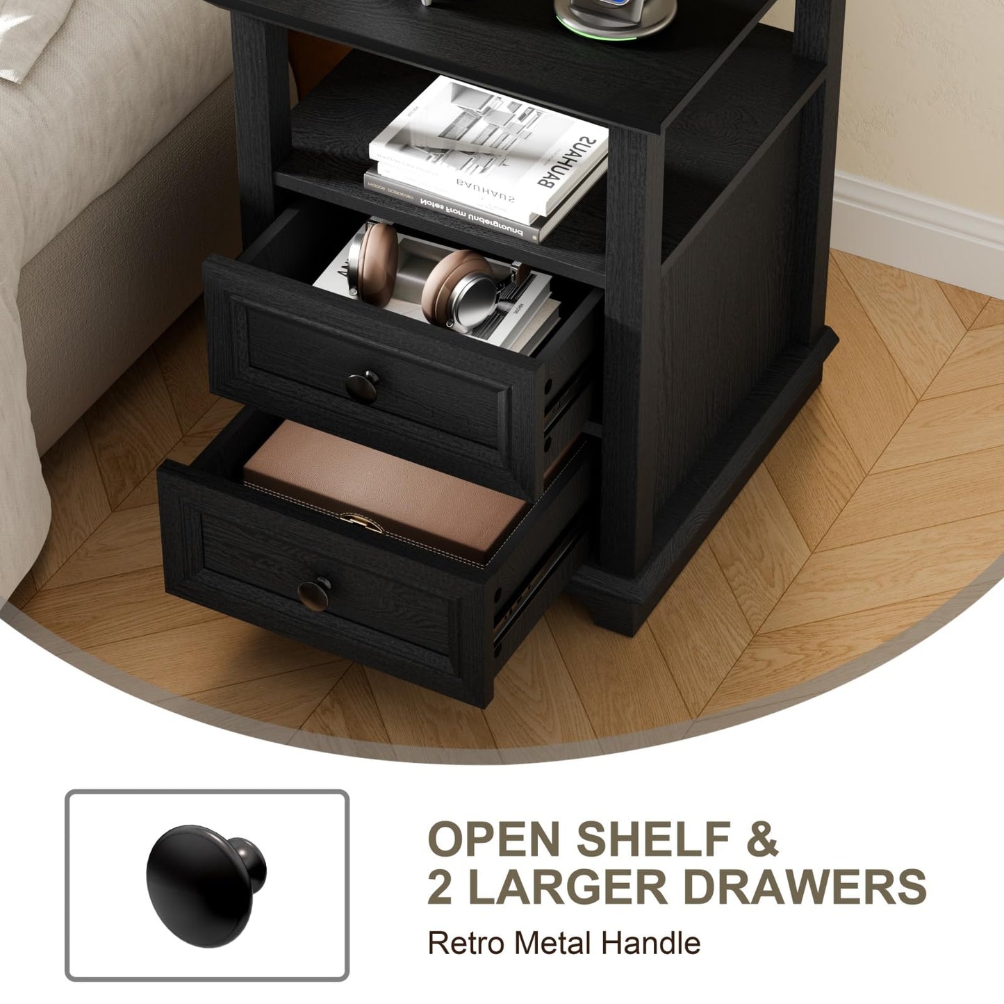 REDAYFUR End Table with Fast USB C Charging Station,18" Wide Sofa Side Table with 2 Drawers, Large Storage Rustic Wood Square Storage Cabinet for Living Room, Bedroom, Office, Black