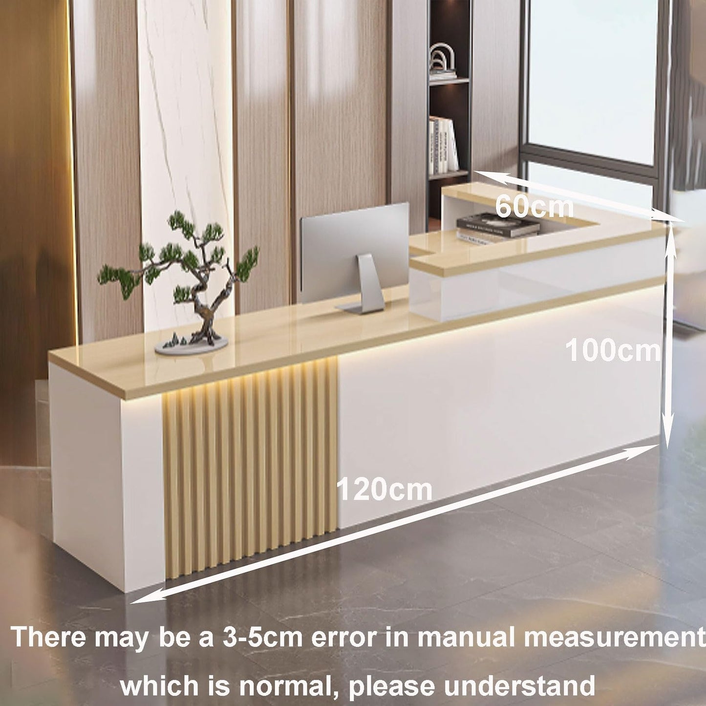 Stylish Modern Reception Desk with Storage - 120cm White Textured Office Counter Table for Beauty Salons & Lobbies, Includes LED Light Strips, Elegant Receptionist Furniture