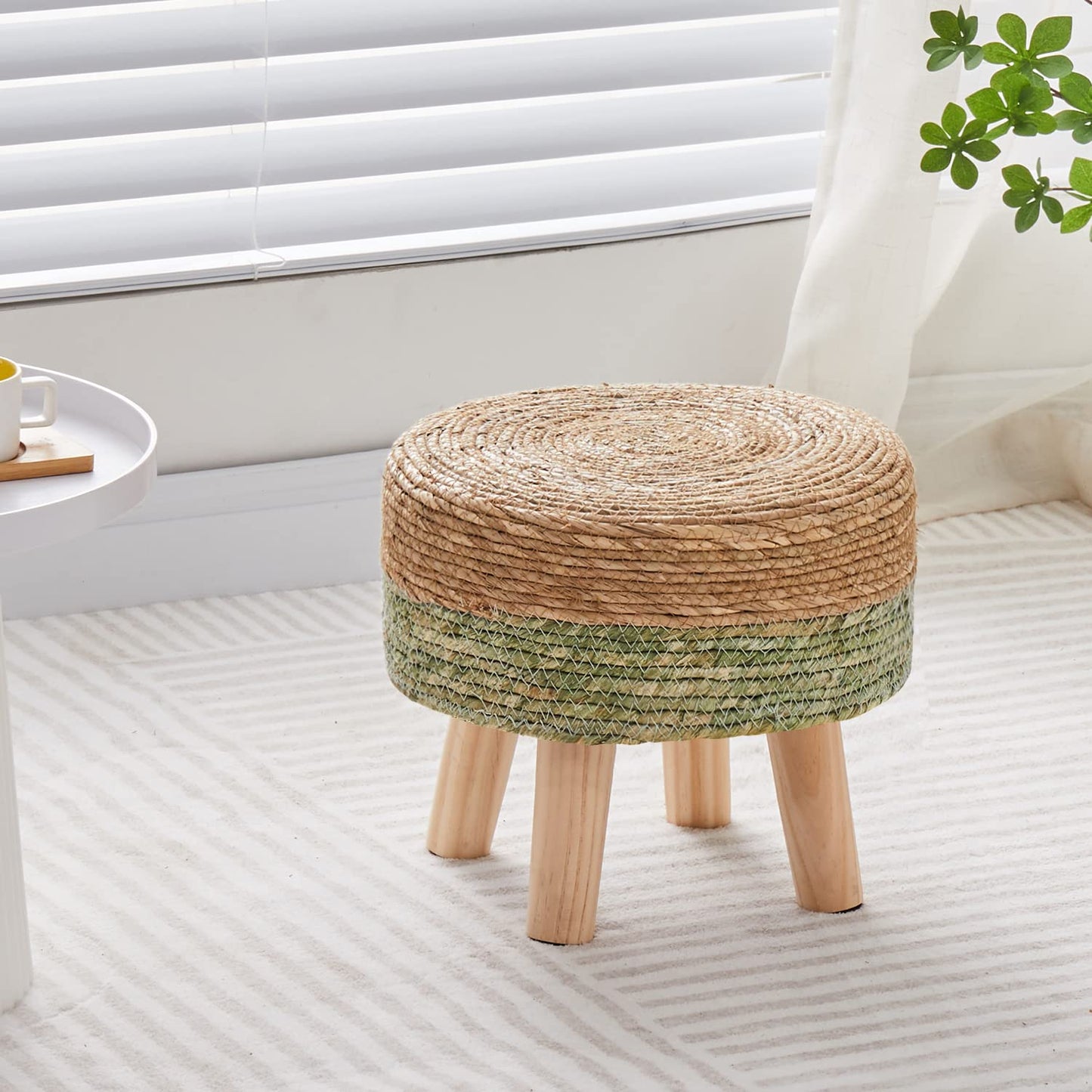 Cpintltr Ottoman Natural Seagrass Footrest Poufs Hand Weave Round Foot Stool for Couch Desk Soft Step Stool Padded Foot Rest with Pine Legs for Living Room Bedroom Natural/Green