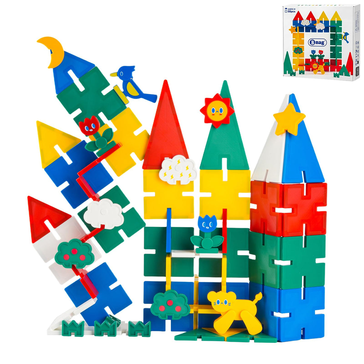 Bmag Magnetic Tiles 58PCS,Groove Interlocking Design Magnet Building Blocks with Lion, Sun,Cloud & Grass,STEM Toys for Toddlers 3+, Preschool Learning Gift for Boys & Girls