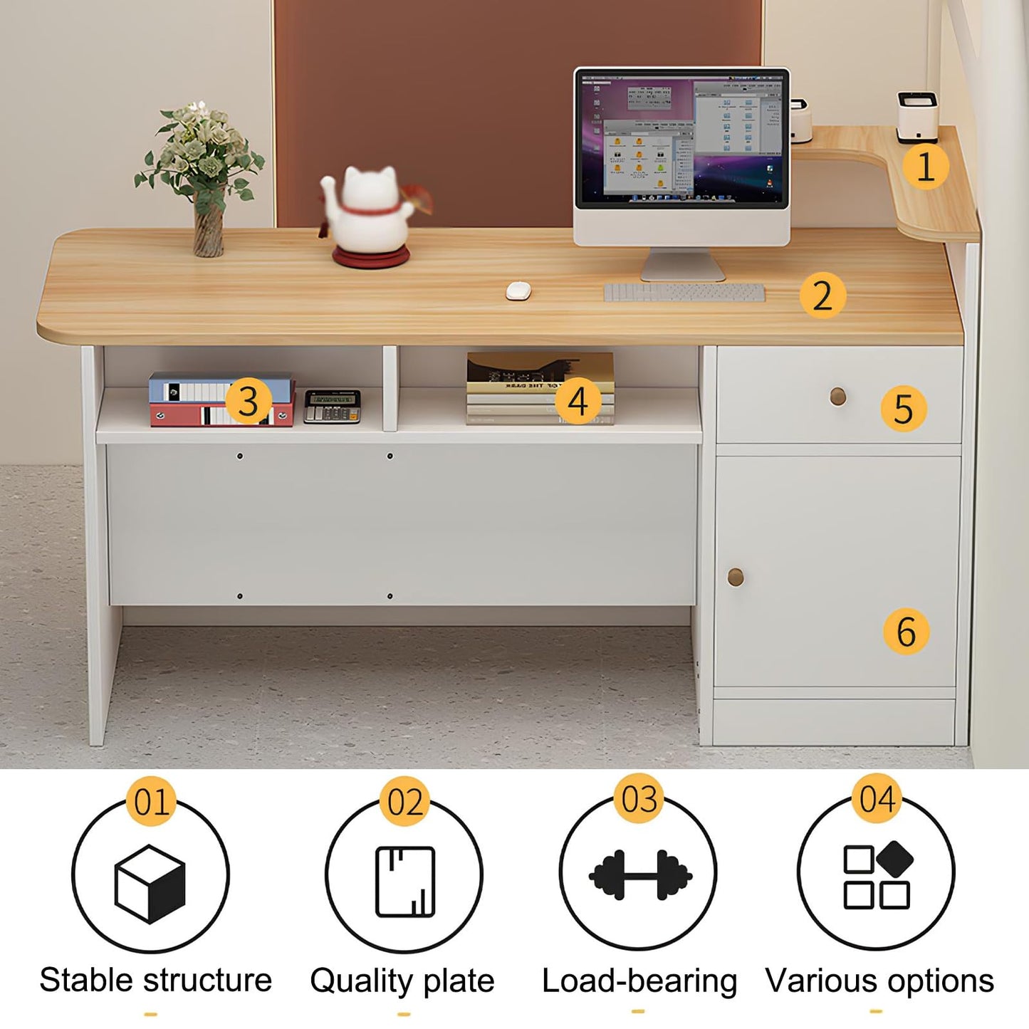 L Shaped Reception Desk - Modern Wooden Checkout Counter with Open Shelves and Drawers for Office, Hotel, Store, or Beauty Salon