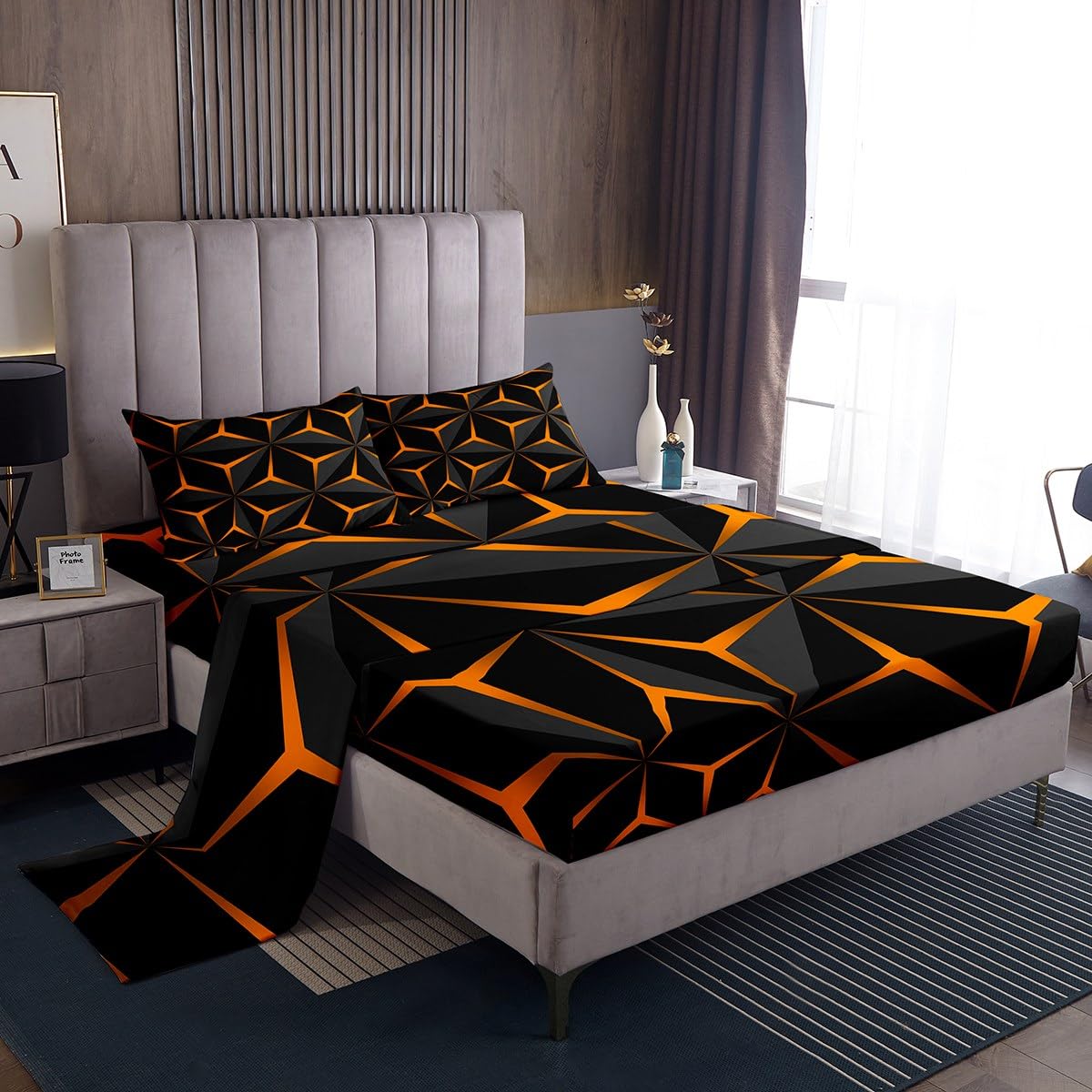Feelyou Neon Honeycomb Sheet Set Twin Size,Geometric Stereoscopic Theme Teens Boys Bedding Set,Adults Bedroom Decoration 3D Orange Print Fitted Sheet All Season