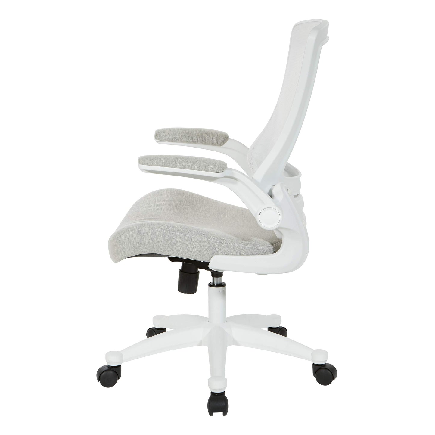 Office Star Ventilated White Screen Back Manager's Office Chair with Padded Color Flip Arms with White Nylon Base, Linen Stone Fabric