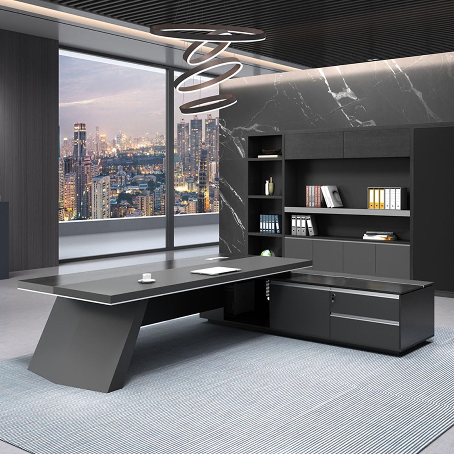 LSIGHTUS L Shaped Corner Executive Desk with File Drawers, Reception Desk with Bottom Shelves Business Furniture Workstation for Home Office