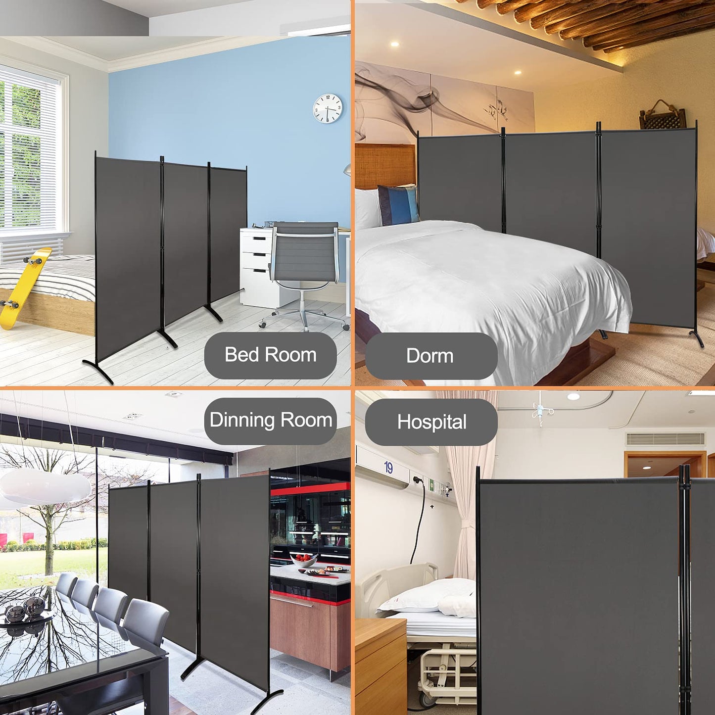 MAYOLIAH Partition Room Dividers 3 Panel Folding Privacy Screens 6 Ft Tall Portable Office Walls Dividers for Room Separator 102"x20"x71", Grey
